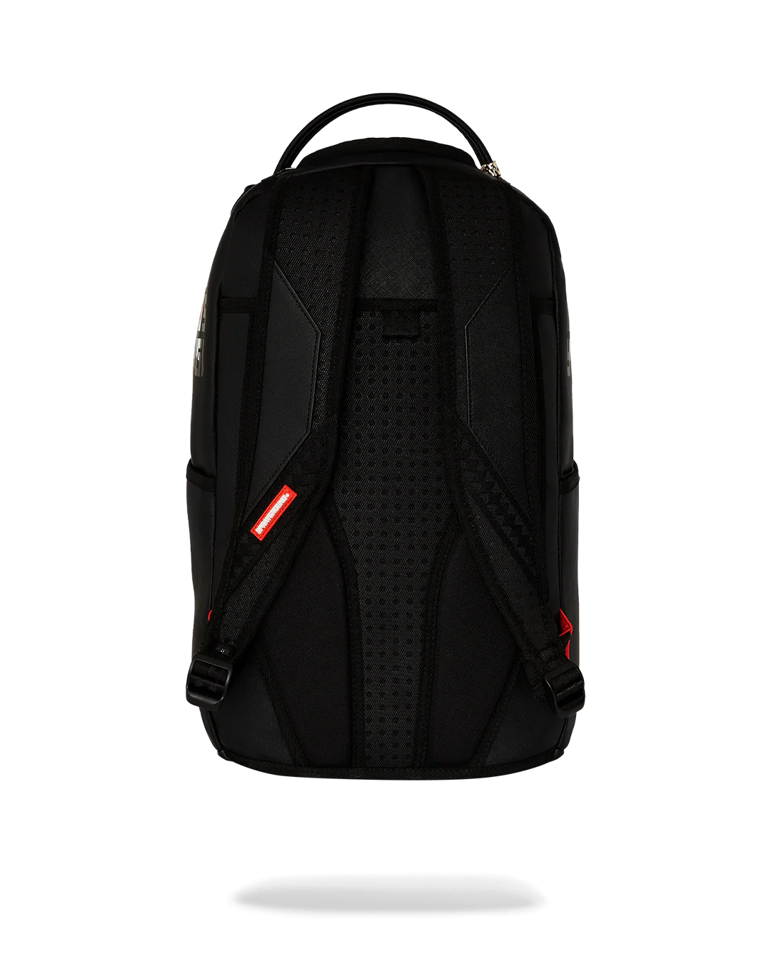 Black backpack with colorful branding on a white background by sprayground