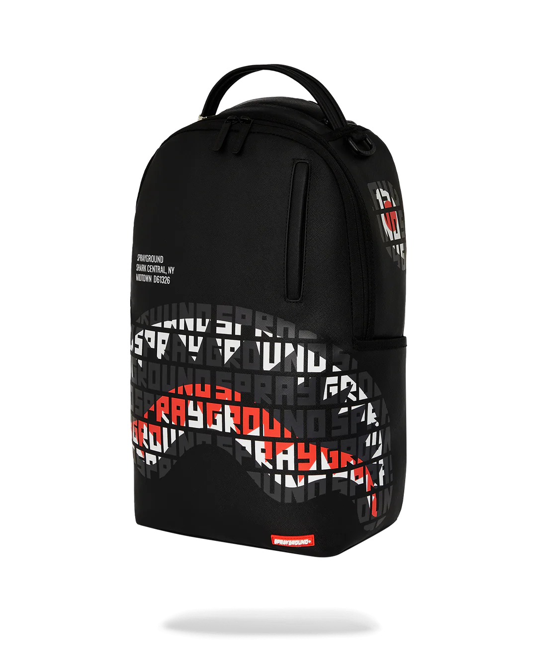 Black backpack with colorful branding on a white background by sprayground