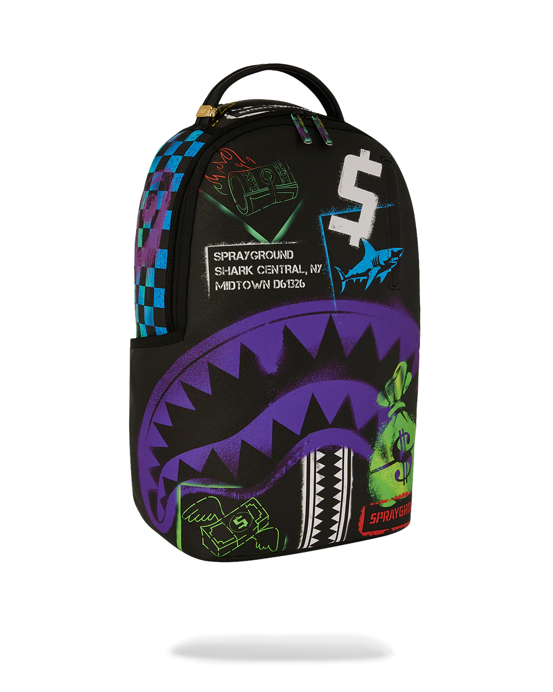 Backpack with colorful graffiti-style graphics and brand logos on a white background by the brand sprayground