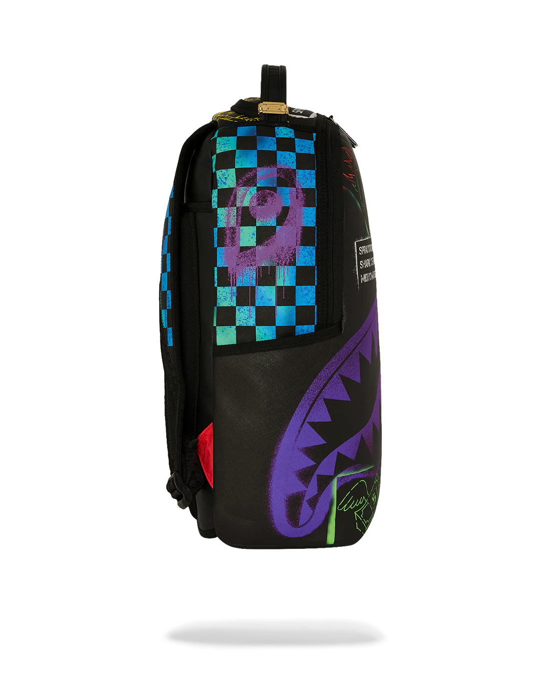 Backpack with colorful graffiti-style graphics and brand logos on a white background by the brand sprayground