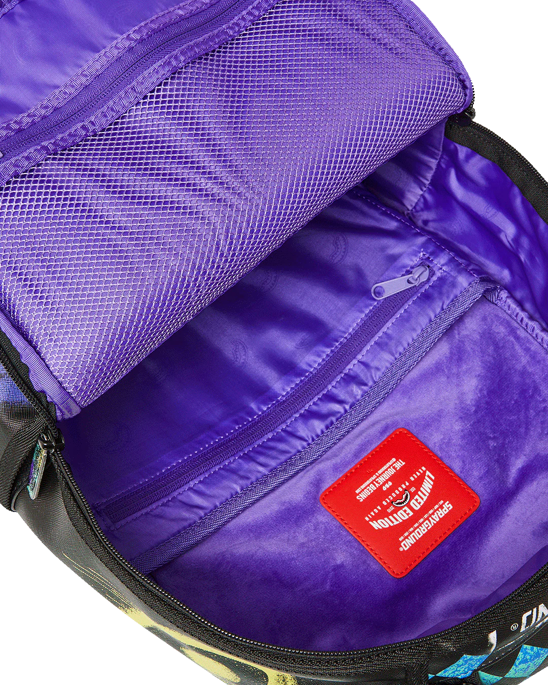Purple bag interior with a red label on a white background