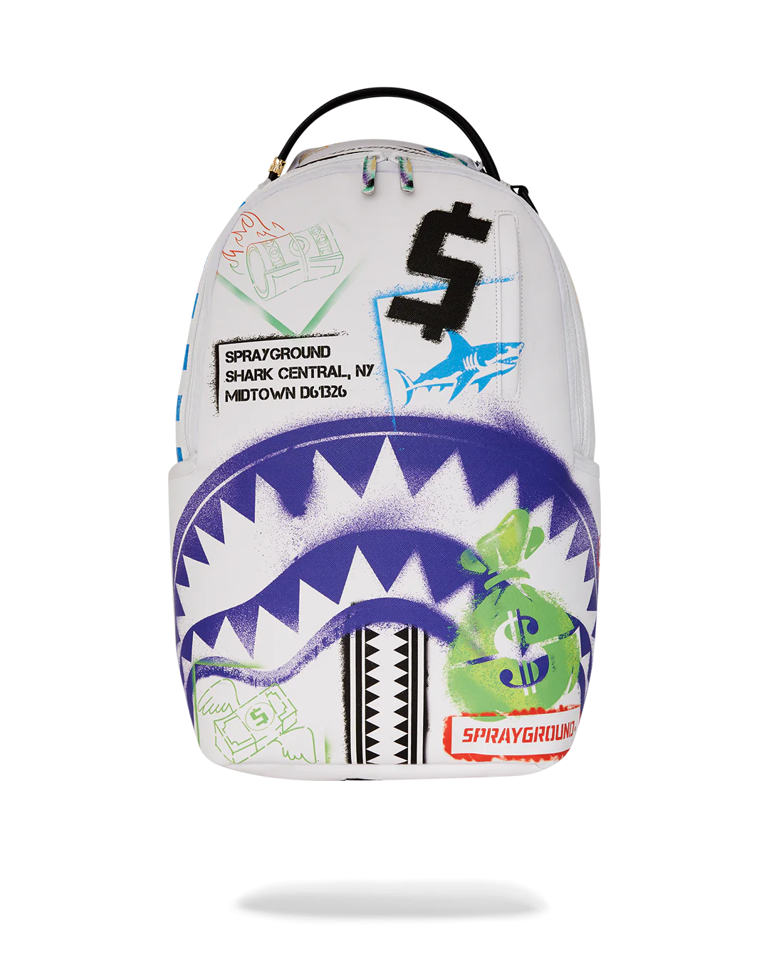 Sprayground backpack with shark design and colorful graffiti-style graphics on a white background