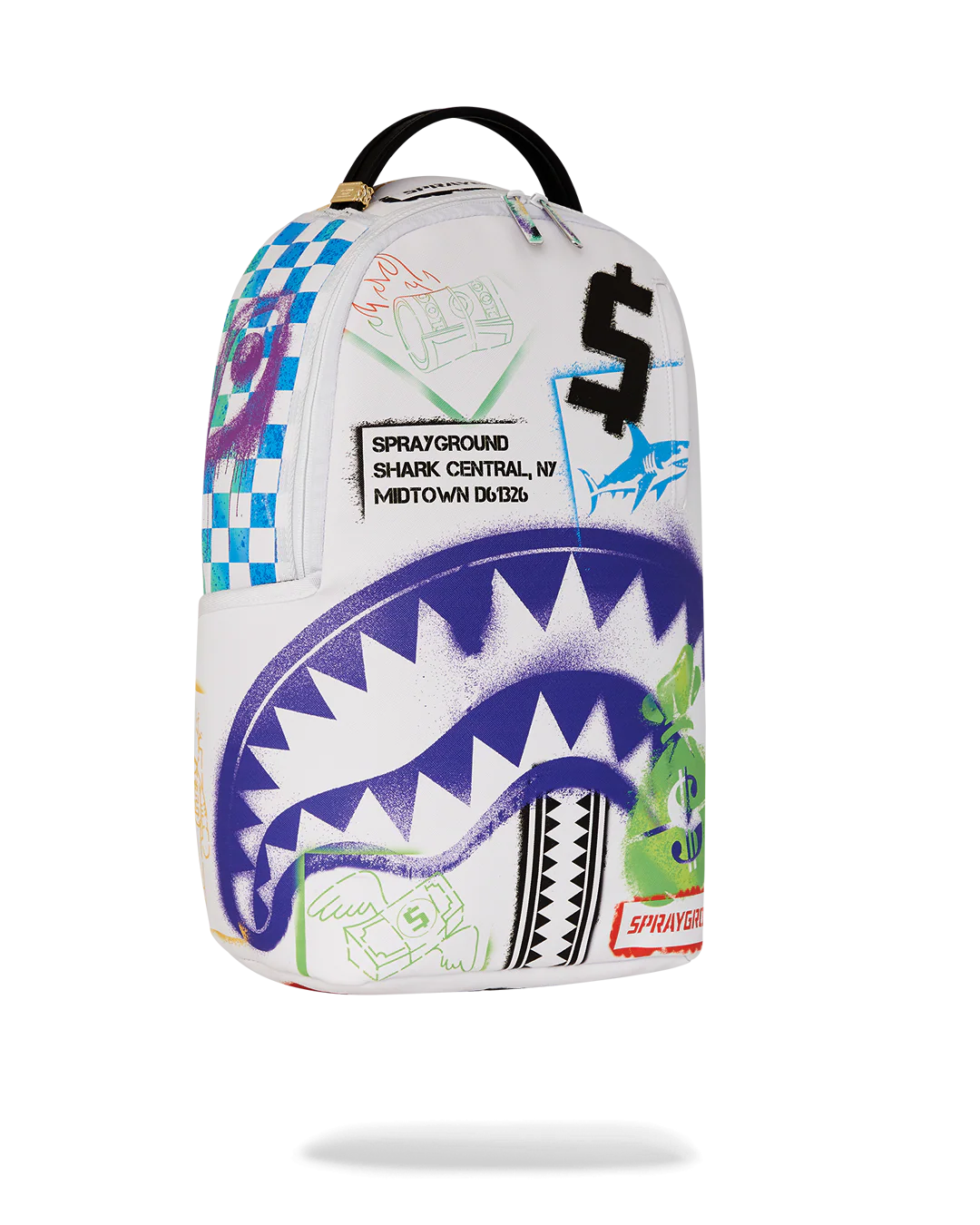 Sprayground backpack with shark design and colorful graffiti-style graphics on a white background