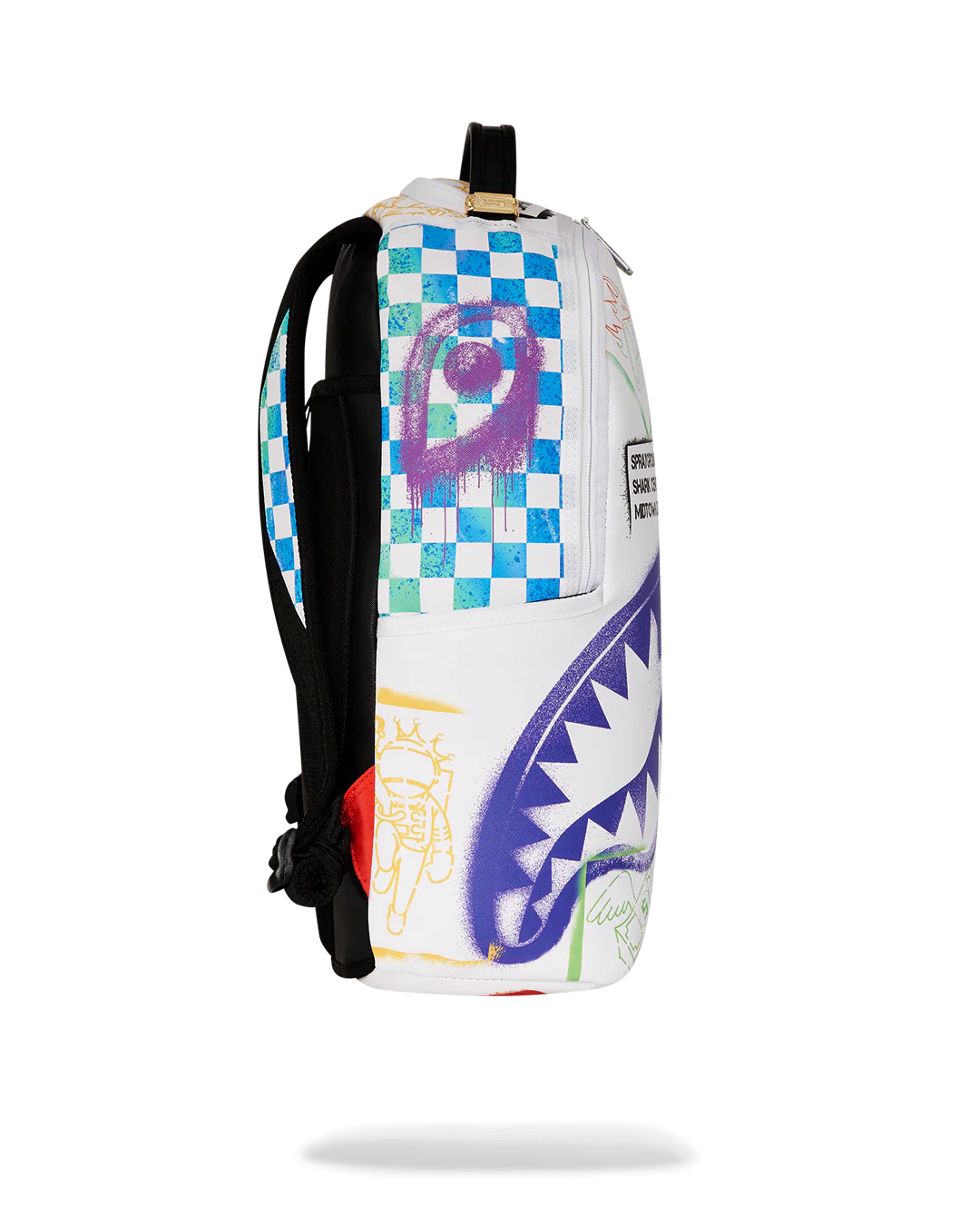 Sprayground backpack with shark design and colorful graffiti-style graphics on a white background