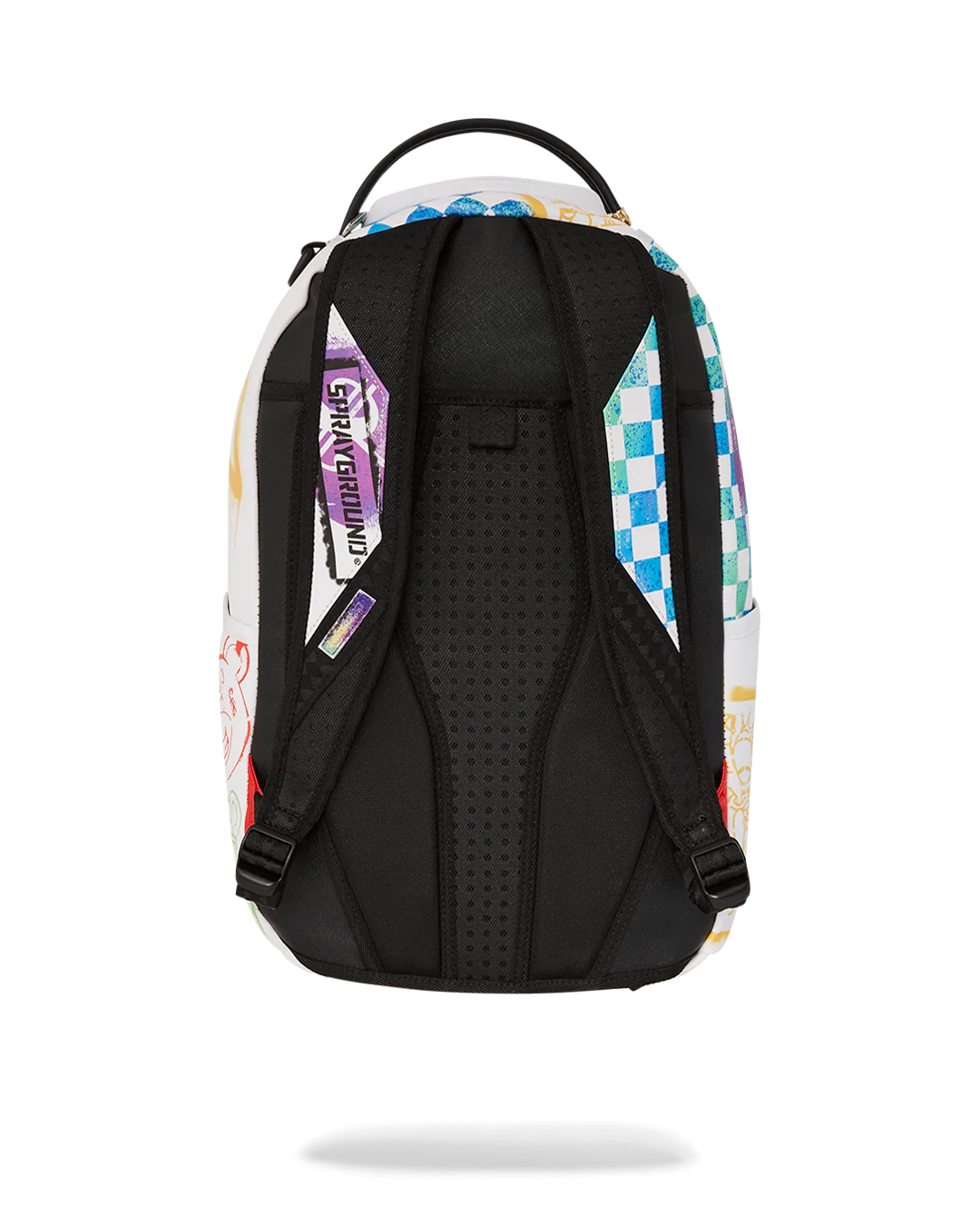 Sprayground backpack with shark design and colorful graffiti-style graphics on a white background