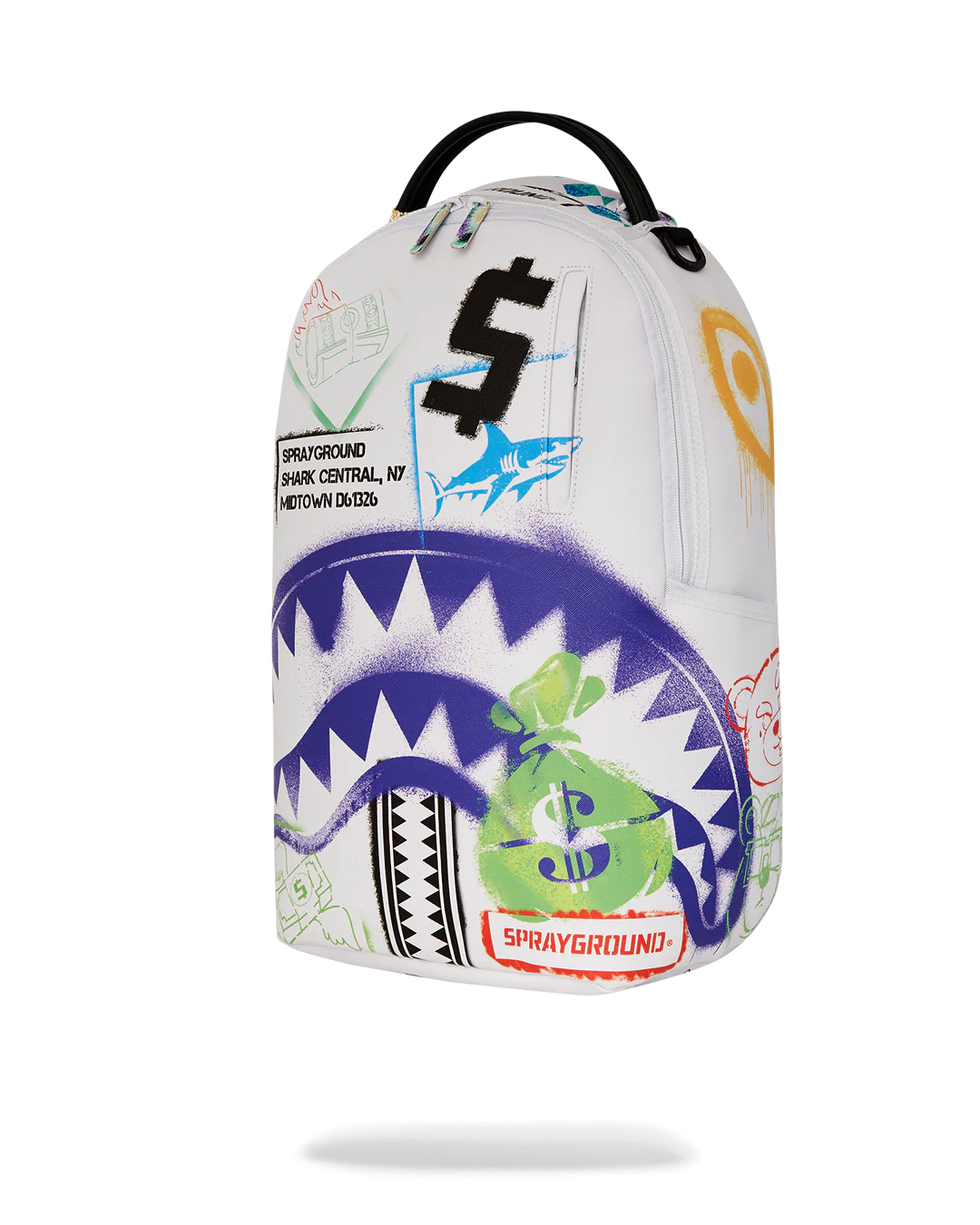Sprayground backpack with shark design and colorful graffiti-style graphics on a white background