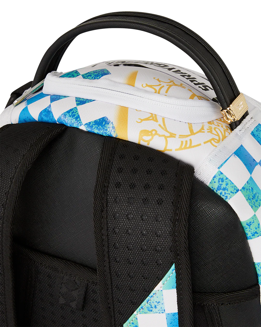 Sprayground backpack with shark design and colorful graffiti-style graphics on a white background