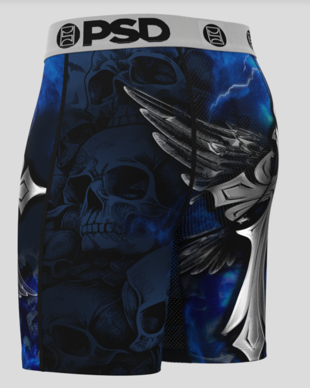 boxer briefs with skull and wing design on a gray background