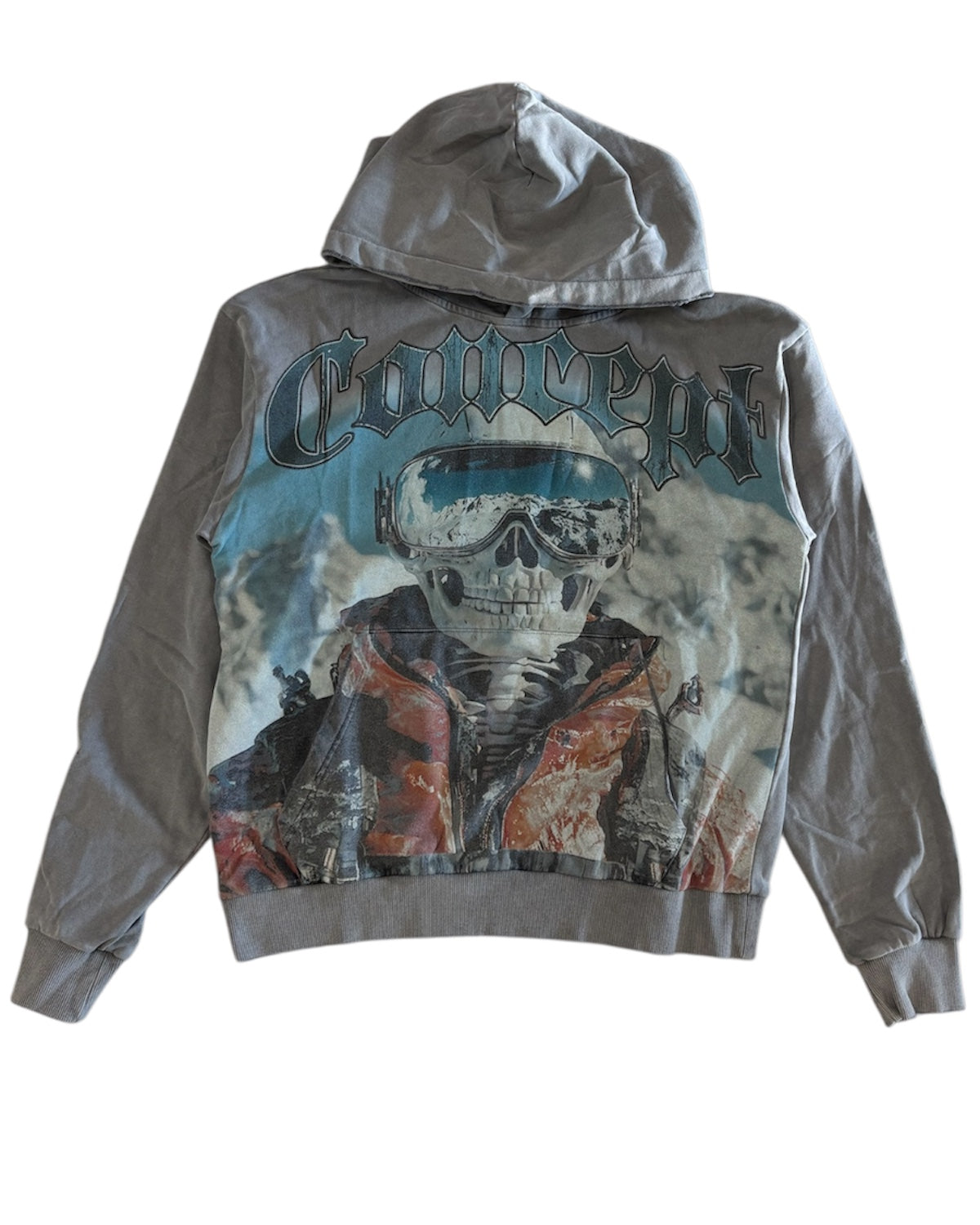 Gray hoodie with graphic design and 'Concept' text on a white background