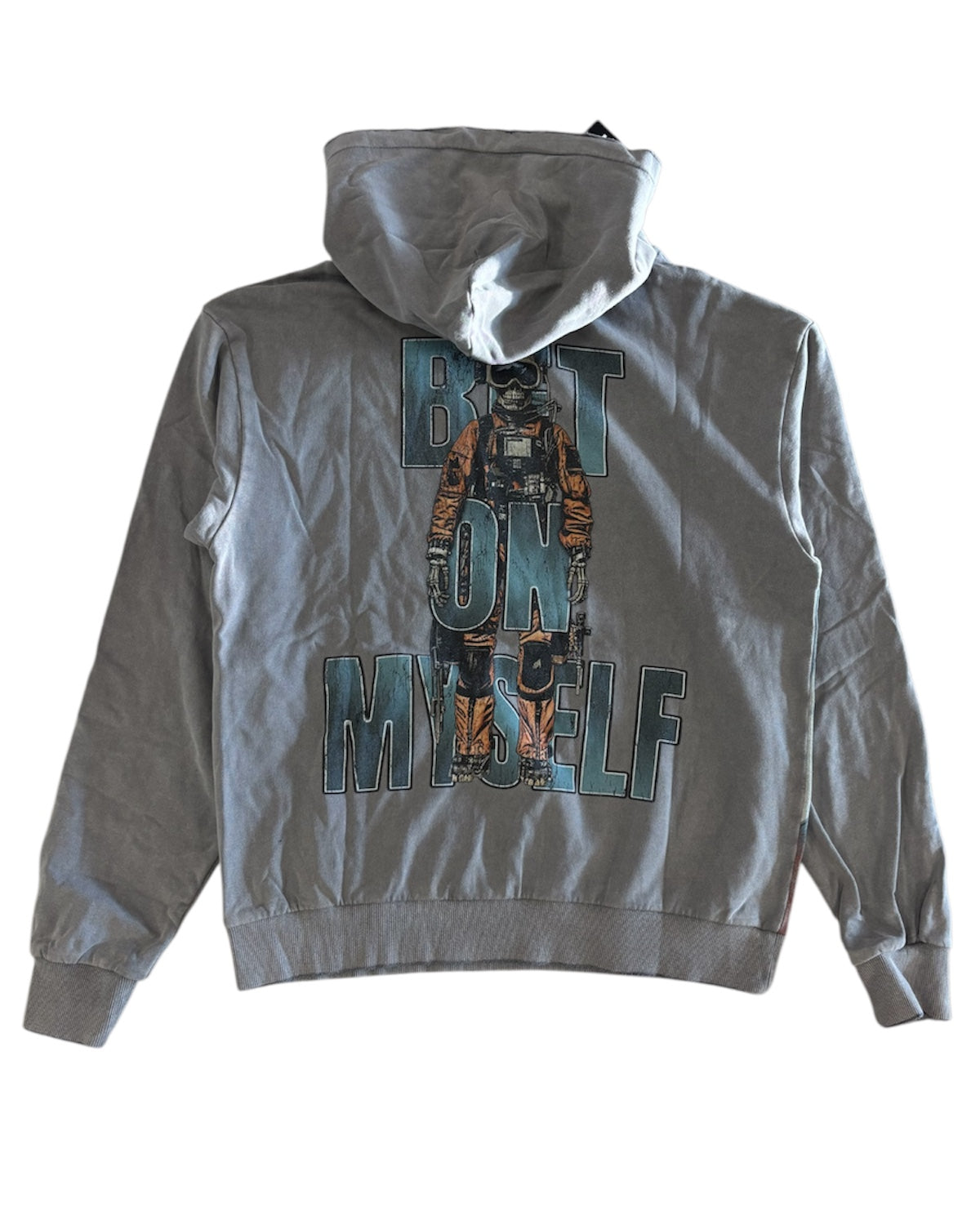 Gray hoodie with a robot graphic and text on the back, on a white background