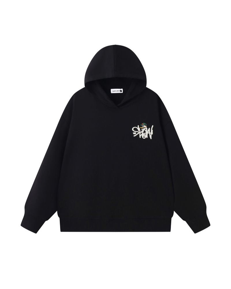 Black hoodie with a logo on the chest against a white background