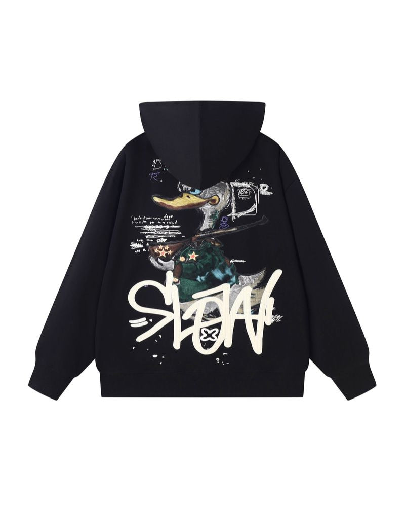 Black hoodie with graphic design and 'SLOW' branding on a white background