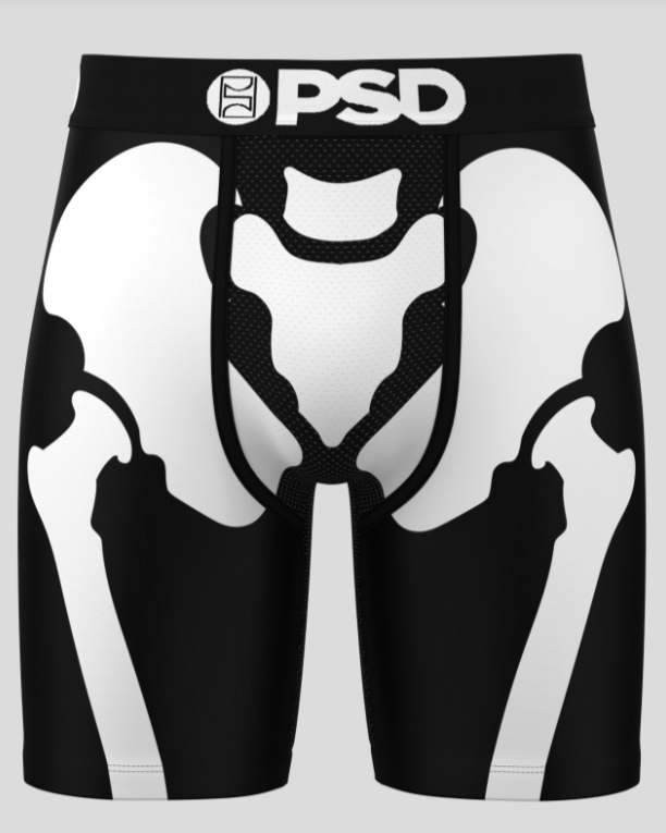 Black and white briefs with PSD branding on a gray background