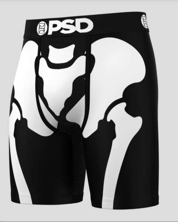 Black and white athletic briefs with 'PSD' branding on a gray background