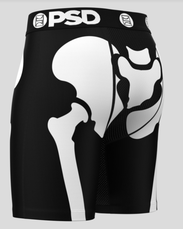Black athletic briefs with white skeleton design on a gray background