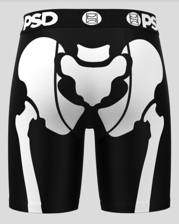 Black athletic briefs with white bone design on a gray background