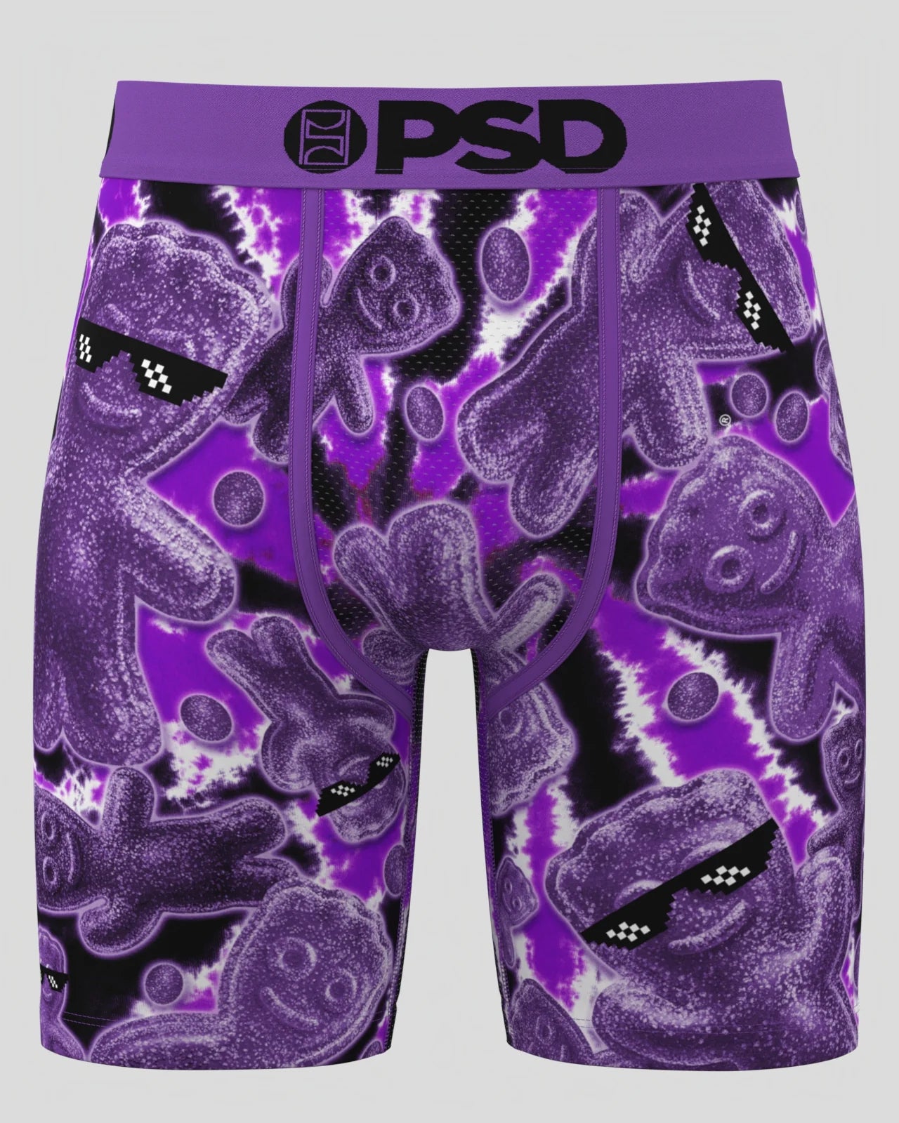Purple briefs with black abstract pattern on a white background