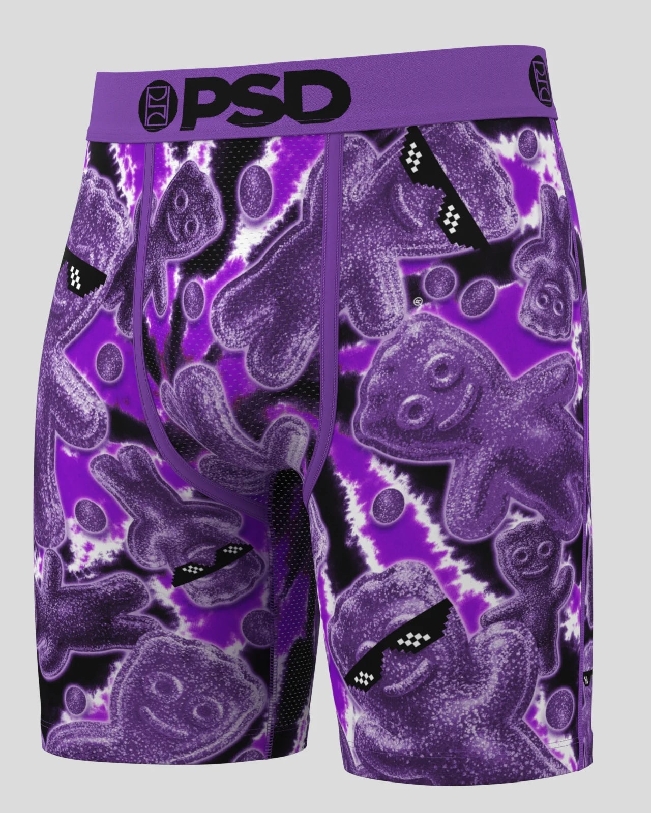 Purple shorts with black abstract pattern on a white background