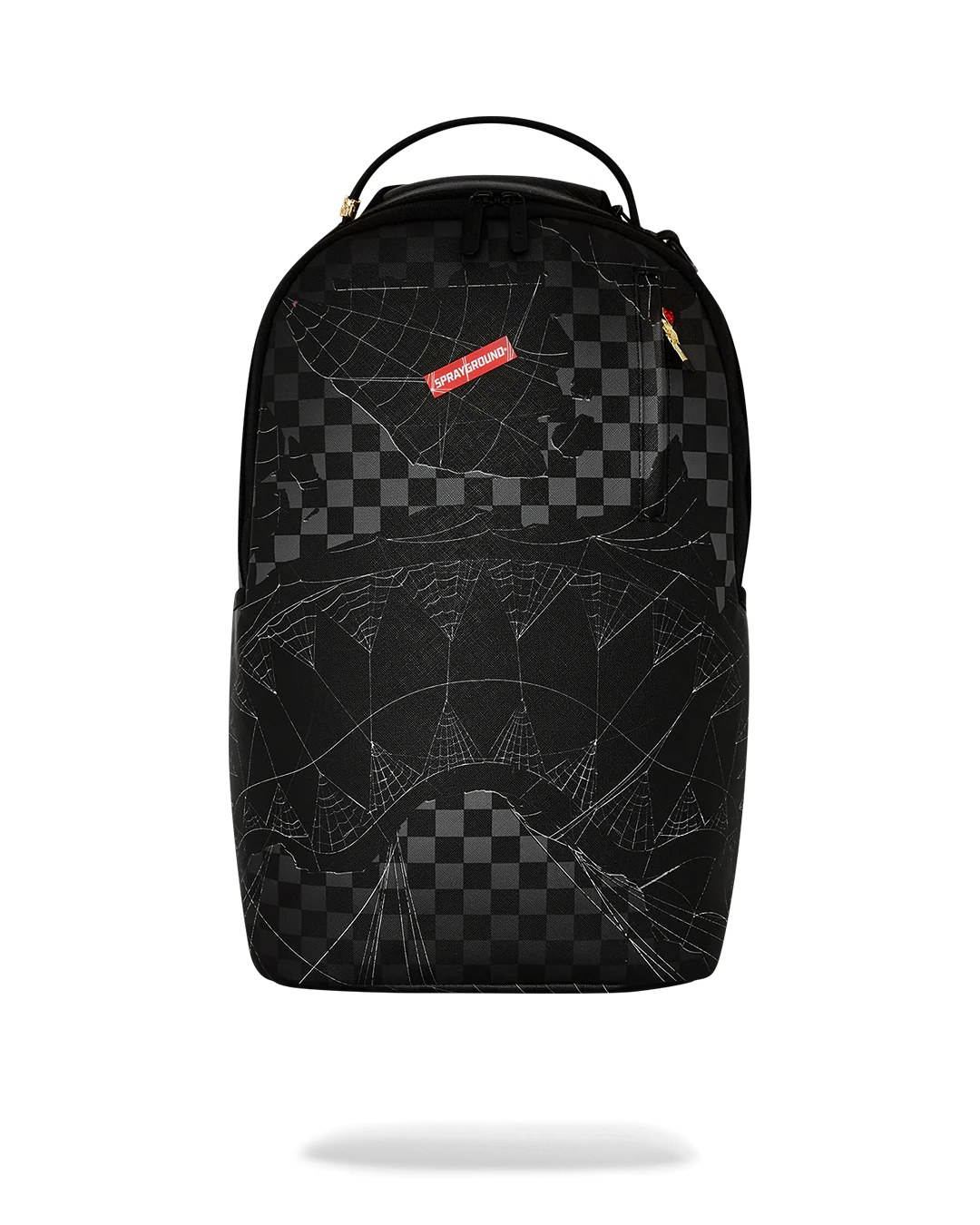 Black checkered backpack with spider web design on a white background by sprayground