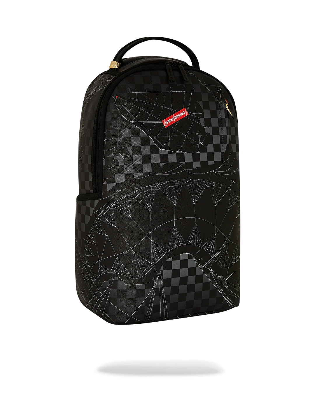 Black checkered and spider web pattern backpack with a red label on a white background by sprayground