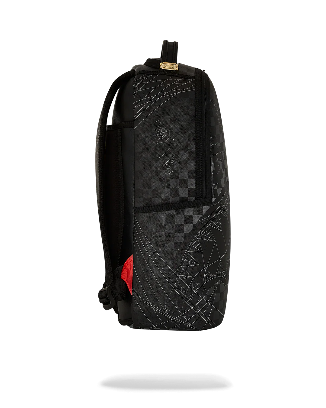 Black checkered backpack with red accents on a white background by sprayground