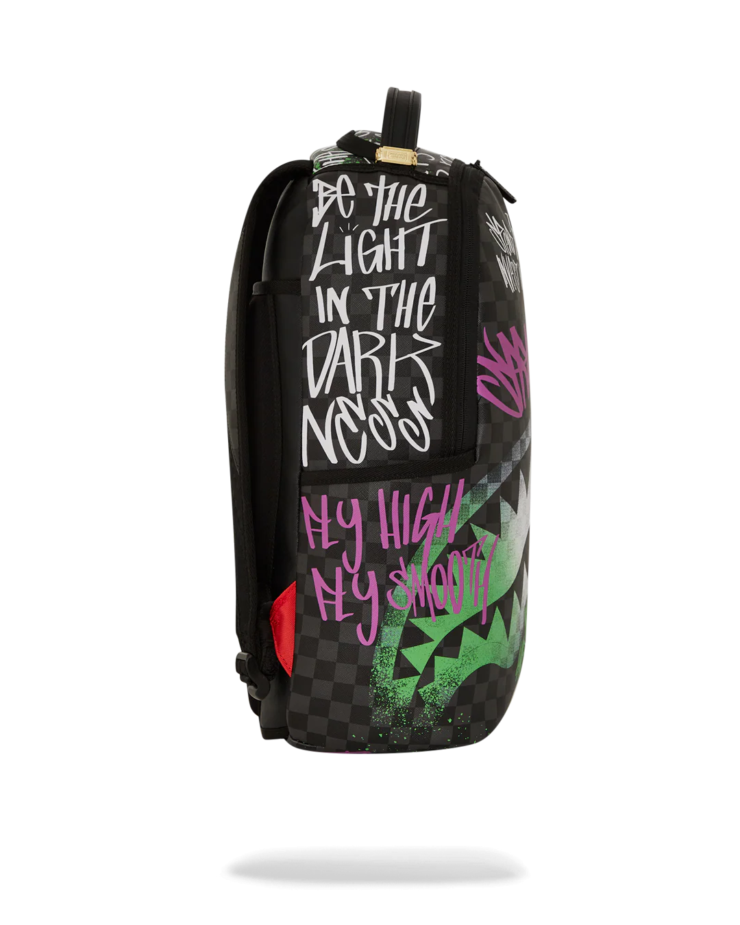 Sprayground backpack with colorful text and graphics on a white background