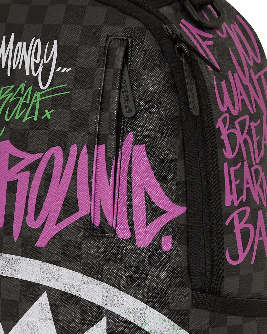close up of Black checkered backpack with colorful text design