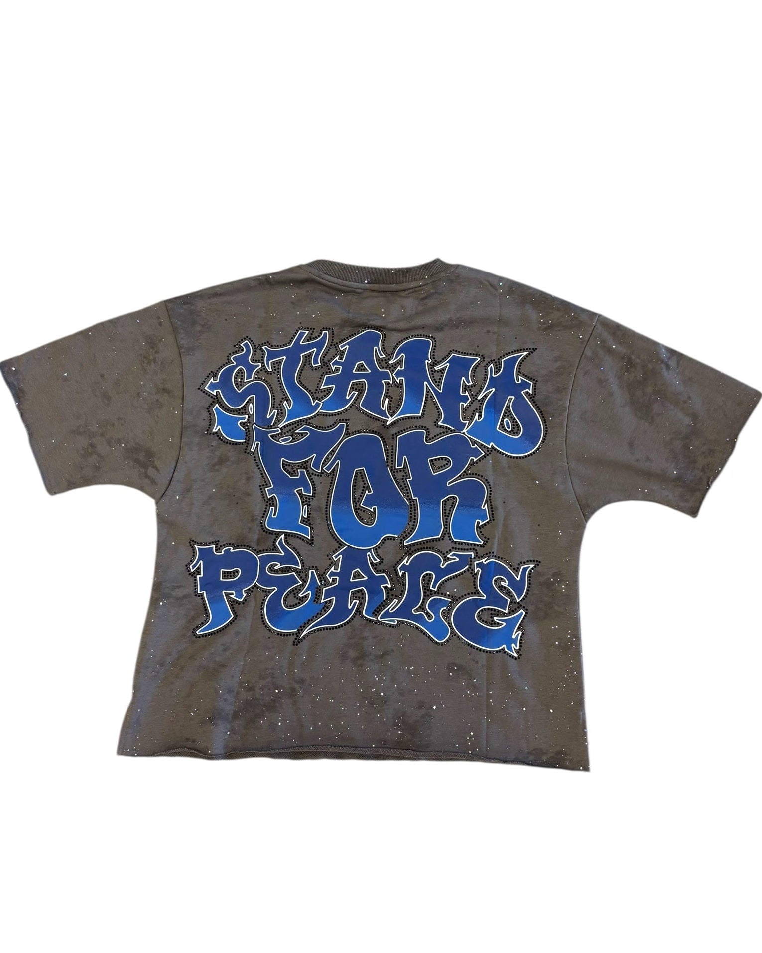 Gray t-shirt with blue text on a white background