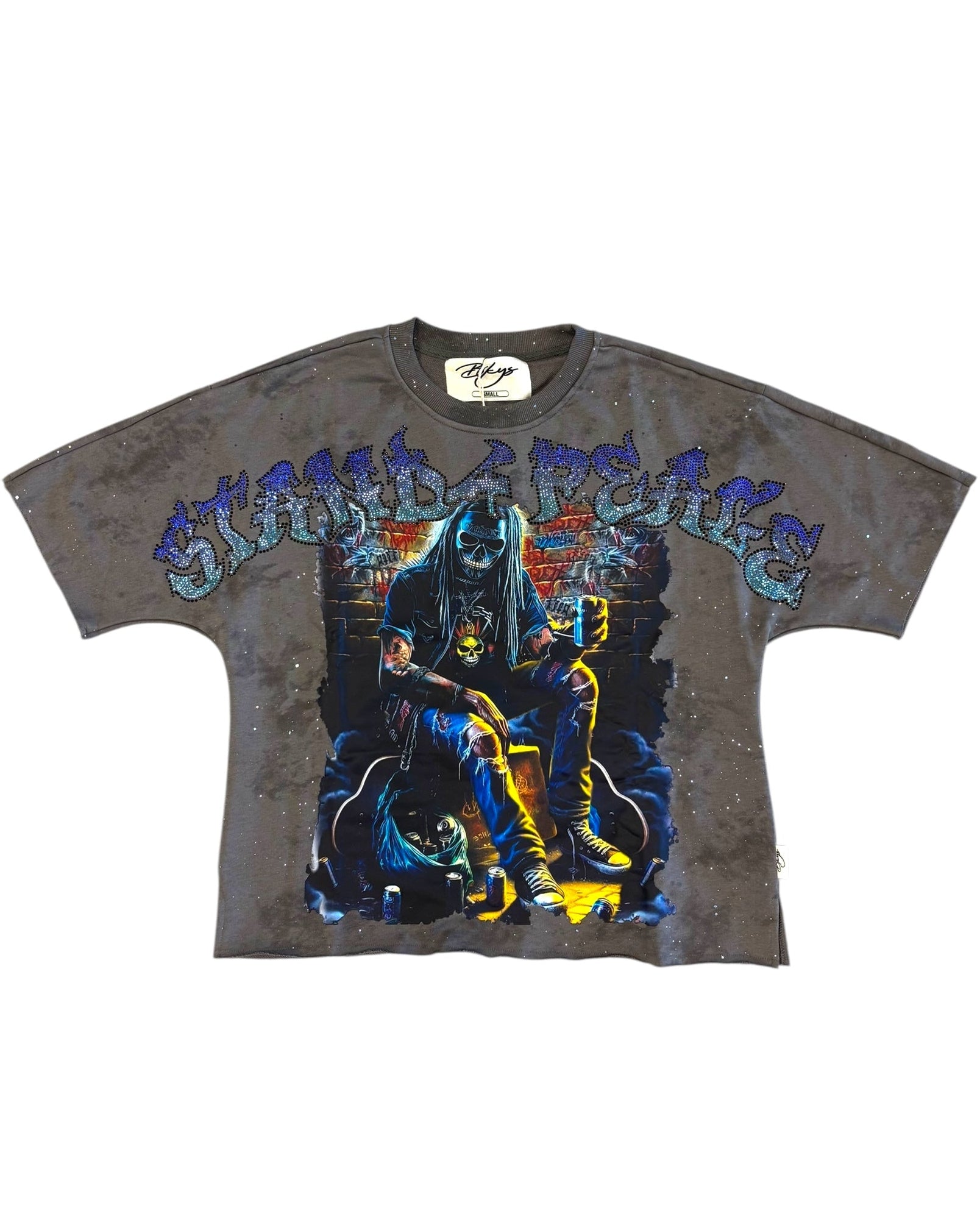 Gray t-shirt with graphic design of a person on a white background