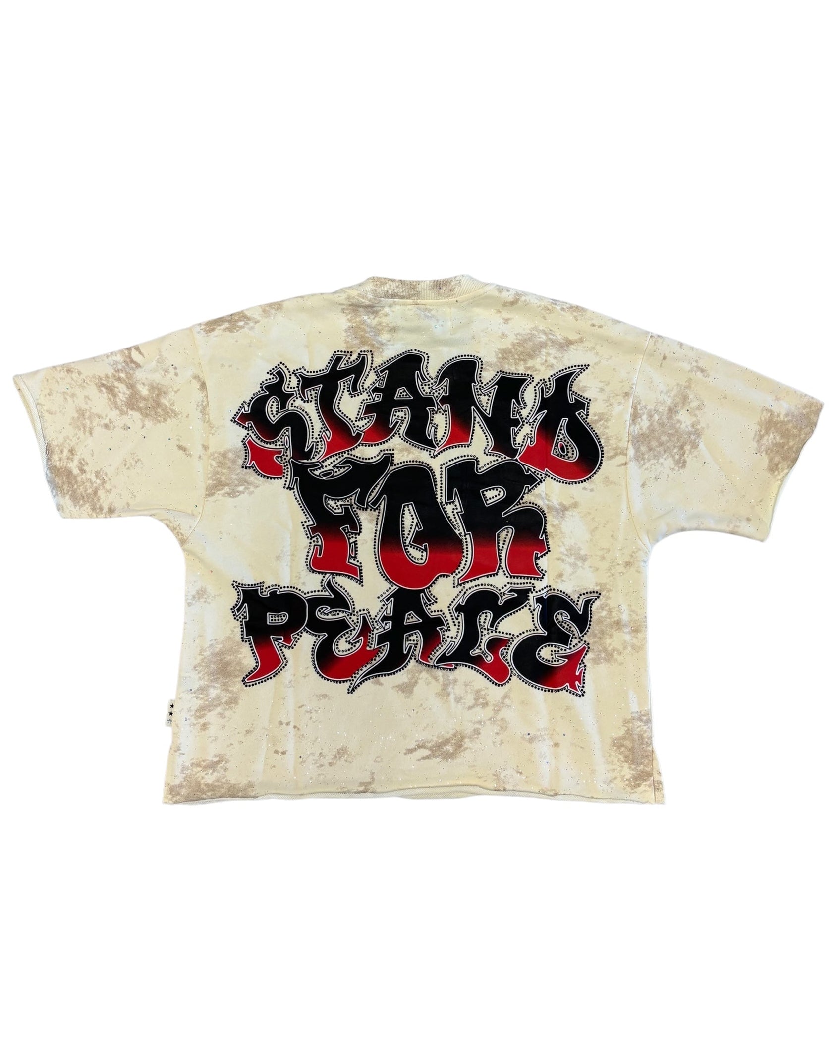 T-shirt with 'STAND FOR PEACE' text on a beige background