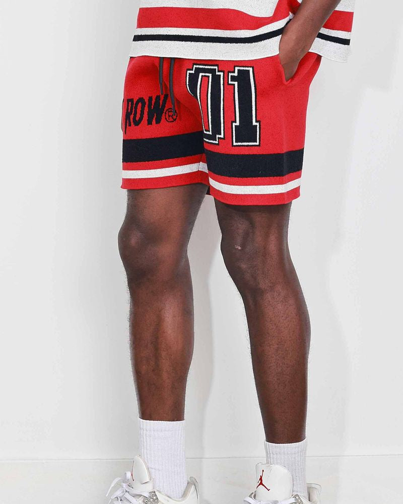 first row star varsity jacquard knit shorts in red