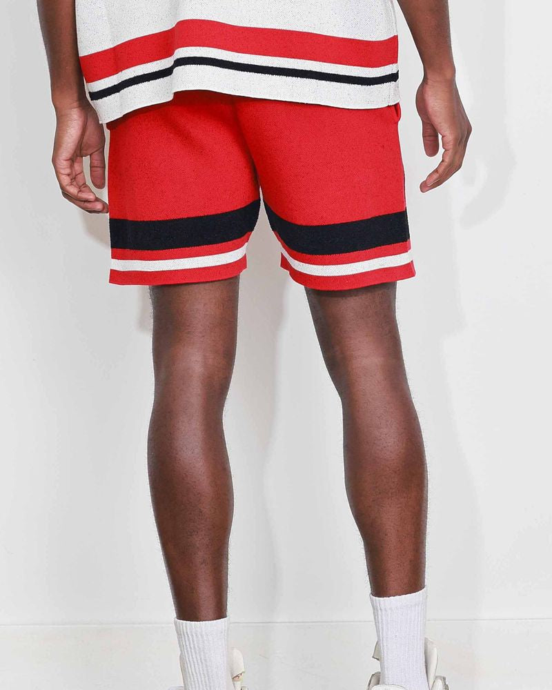 first row star varsity jacquard knit shorts in red