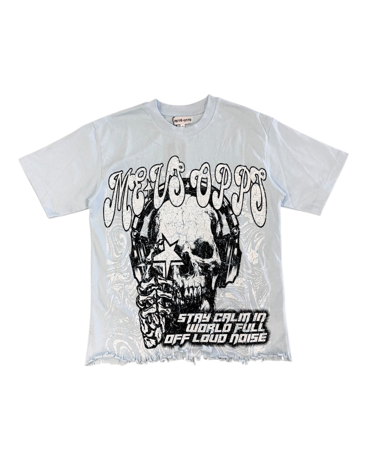 baby blue t-shirt with black skull design and text on a white background