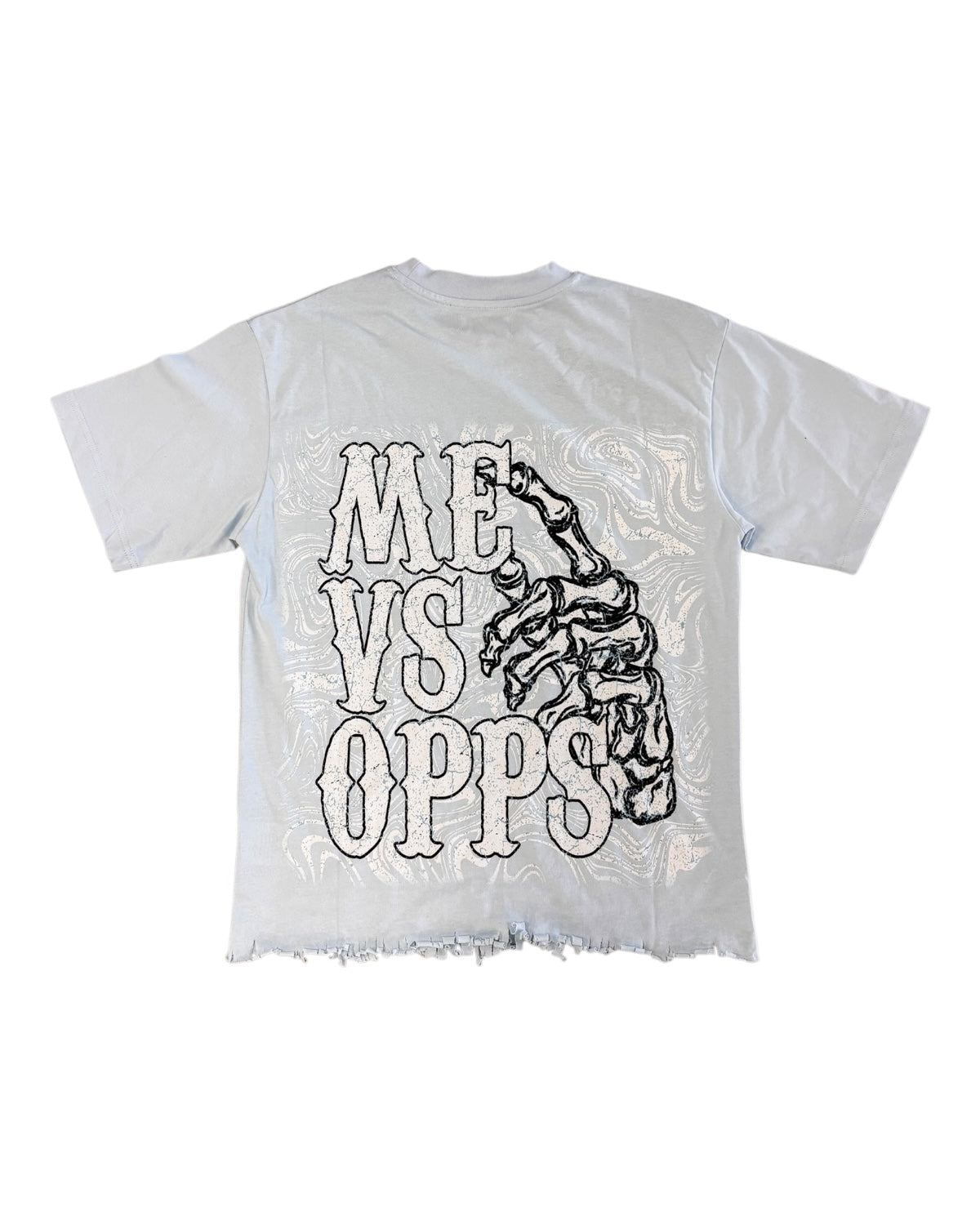 baby blue t-shirt with 'ME VS OPPS' graphic design on a white background