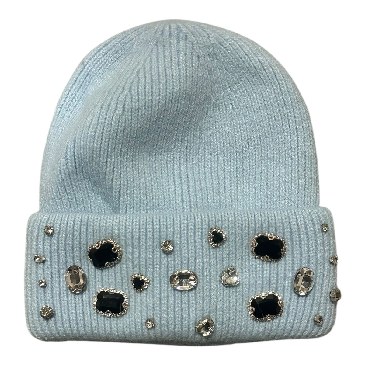 Light blue beanie with decorative gems on a white background