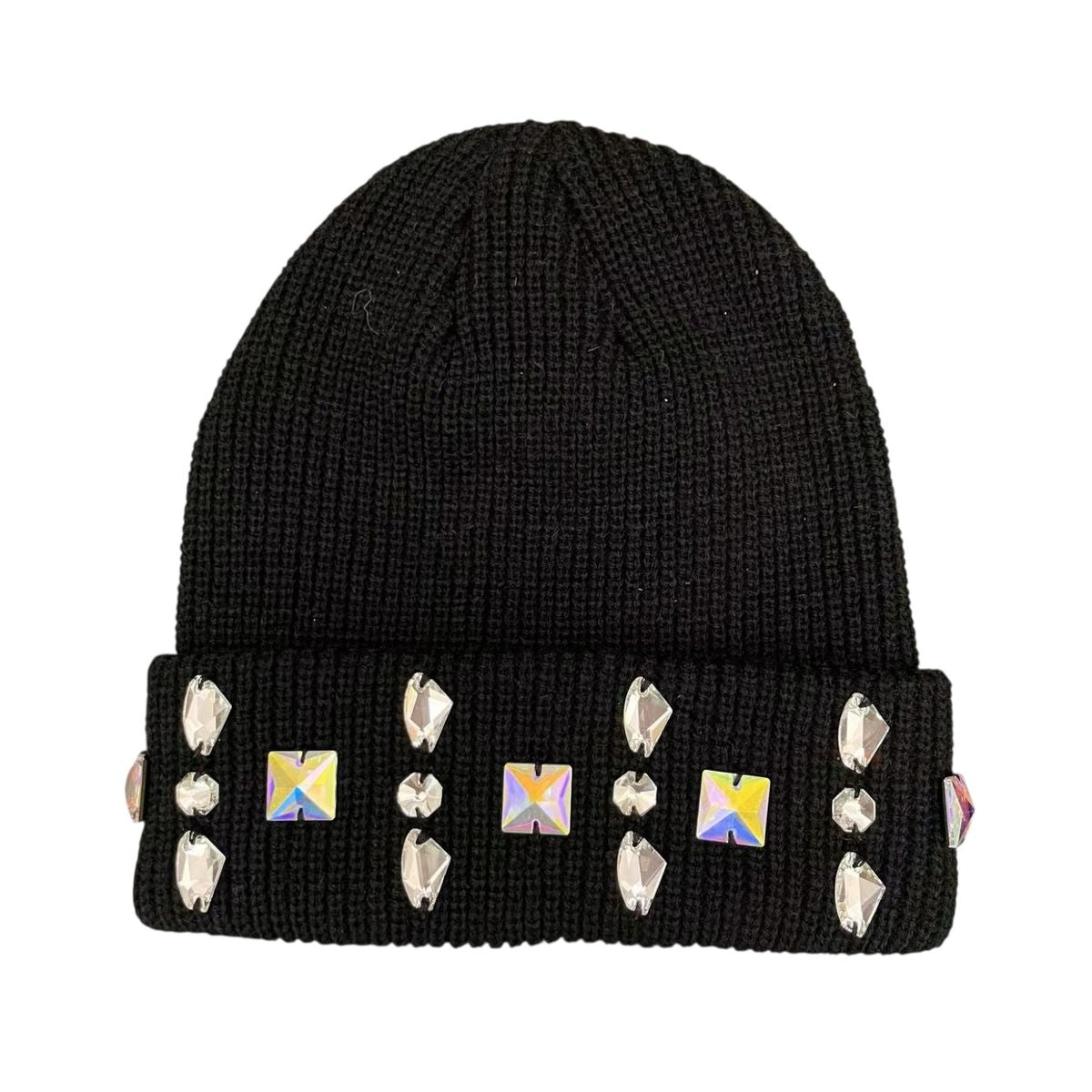 Black beanie with colorful studs on a white background