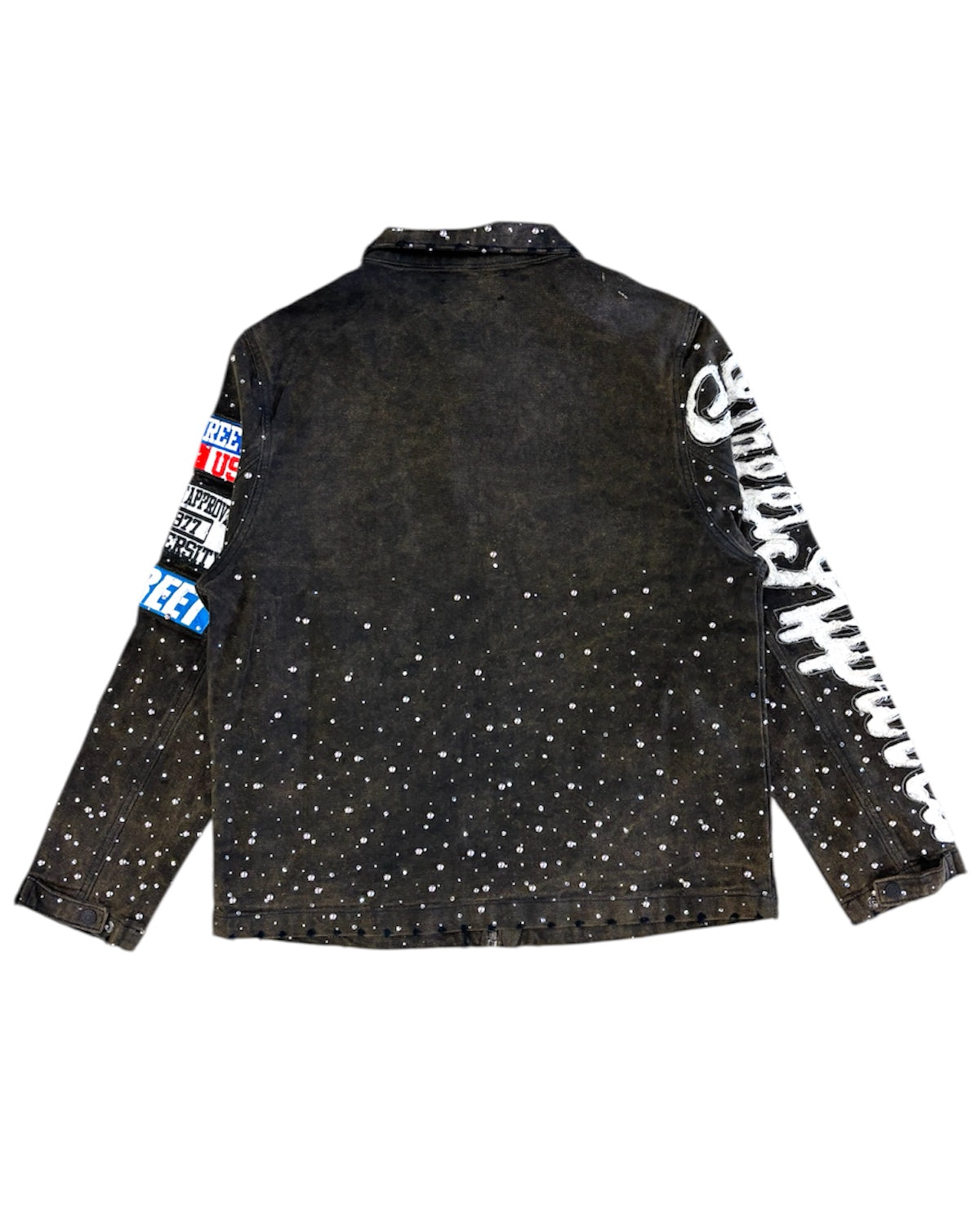 Black jacket with white speckles and branded sleeves on a white background