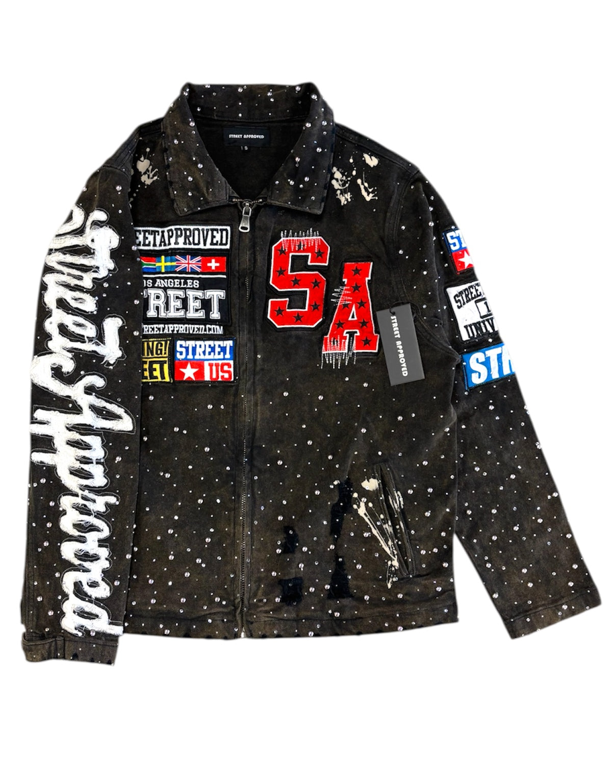 Black jacket with colorful patches and text on a white background