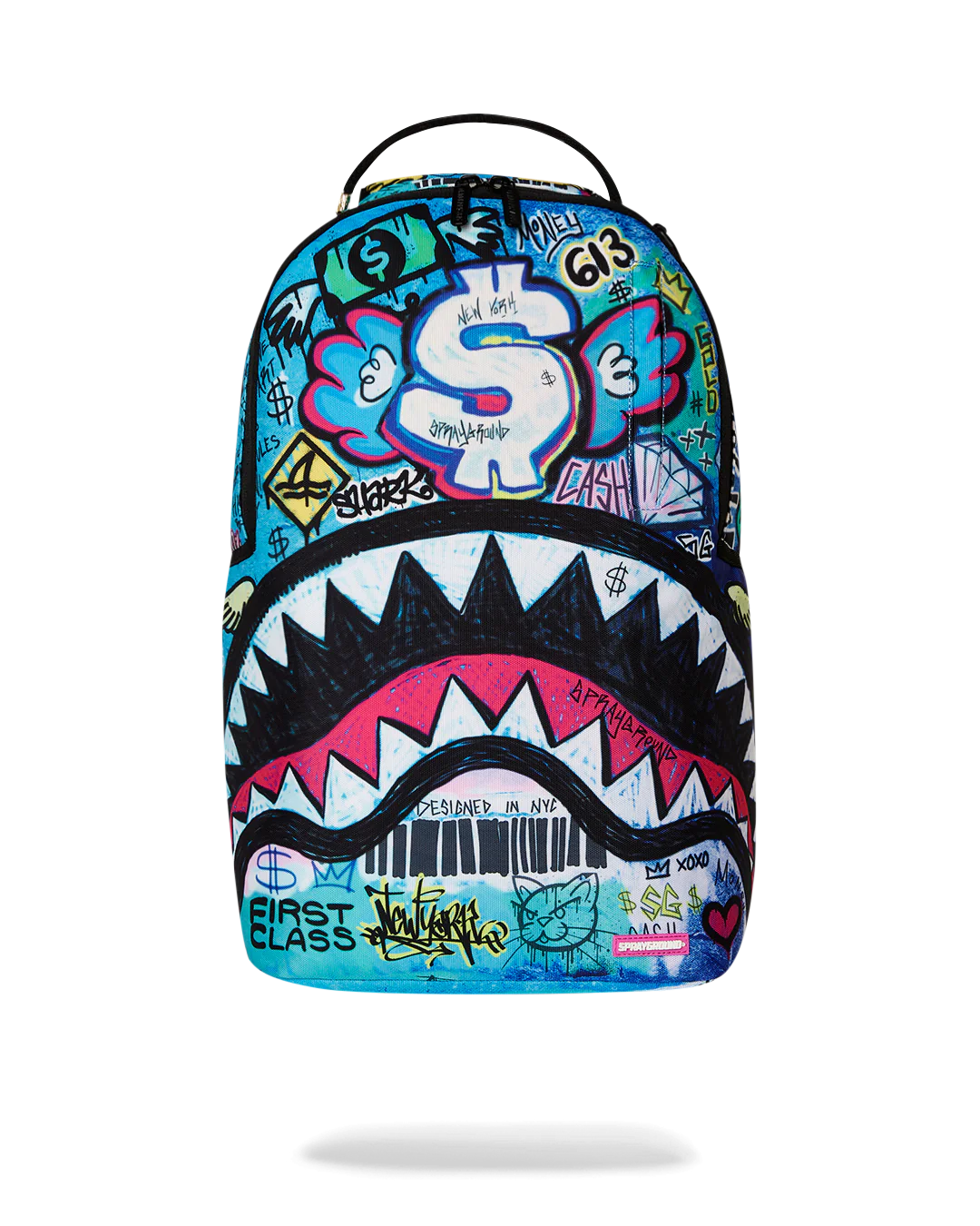 Colorful sprayground backpack with shark design and graffiti-style text on a white background