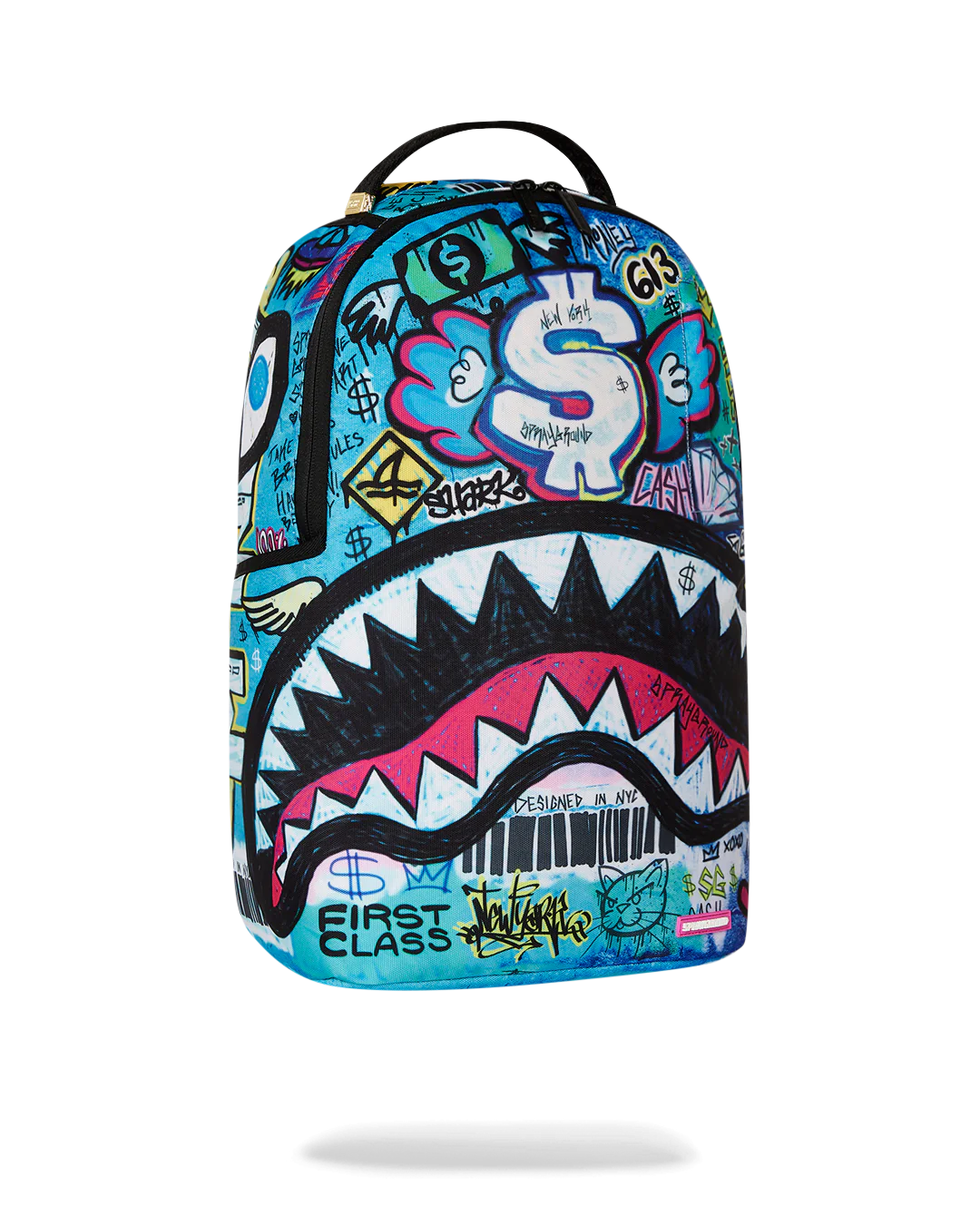 Colorful sprayground backpack with shark design and graffiti-style text on a white background