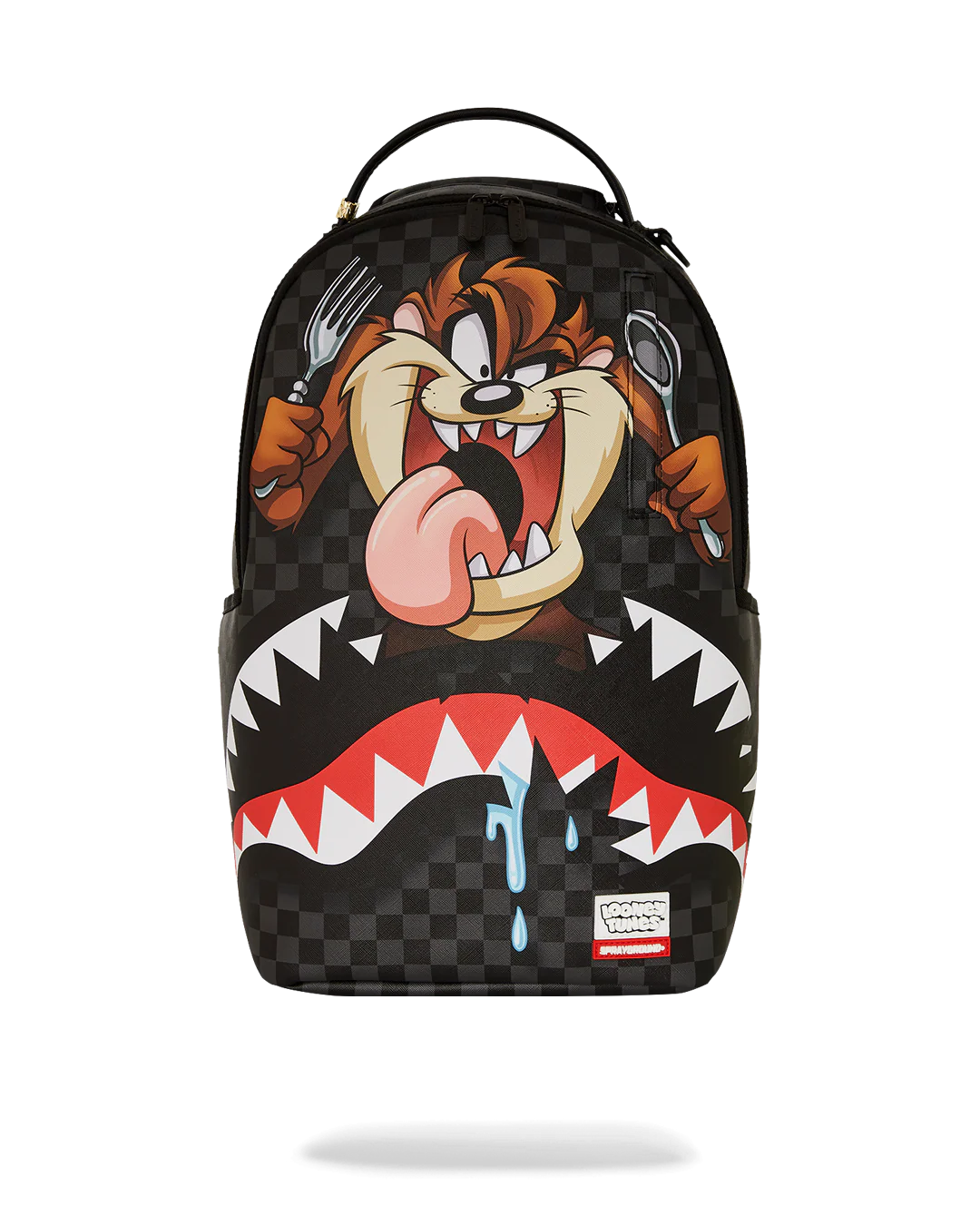 sprayground Backpack with cartoon character Taz design on a checkered background
