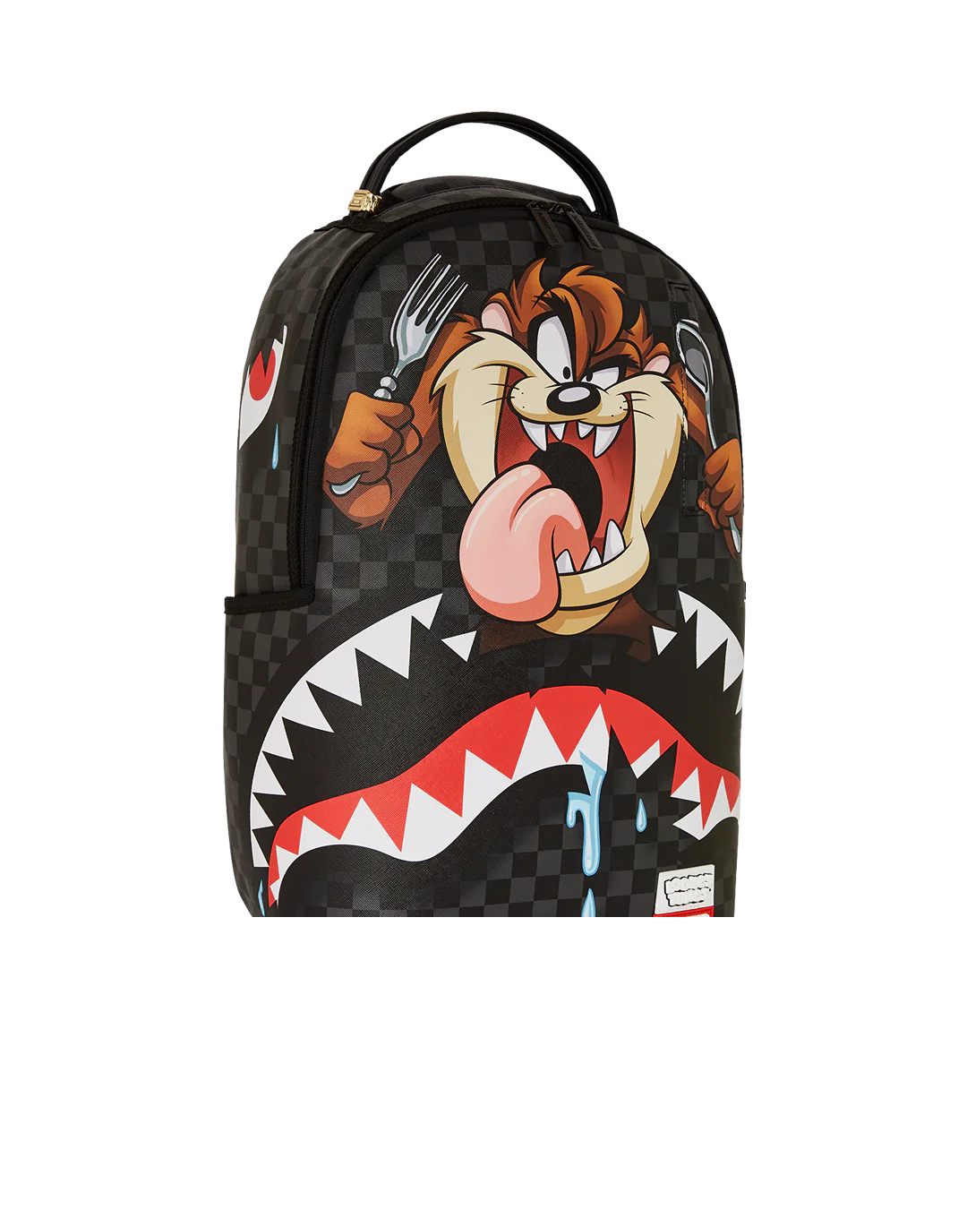 sprayground Backpack with cartoon character Taz design on a checkered background