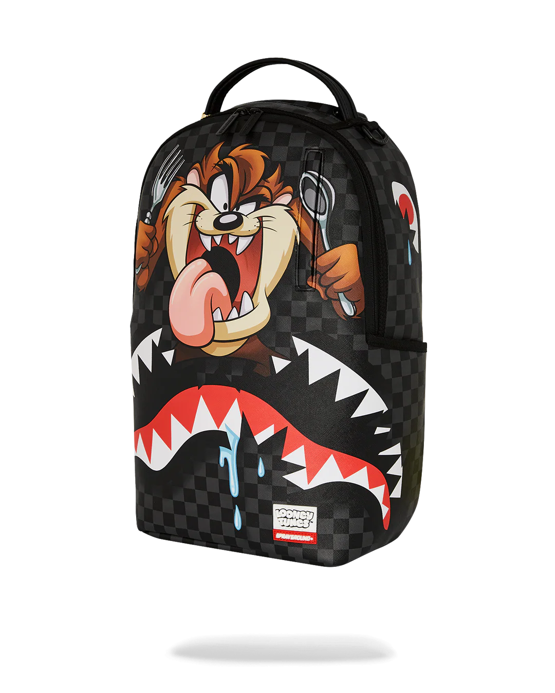 sprayground Backpack with cartoon character Taz design on a checkered background