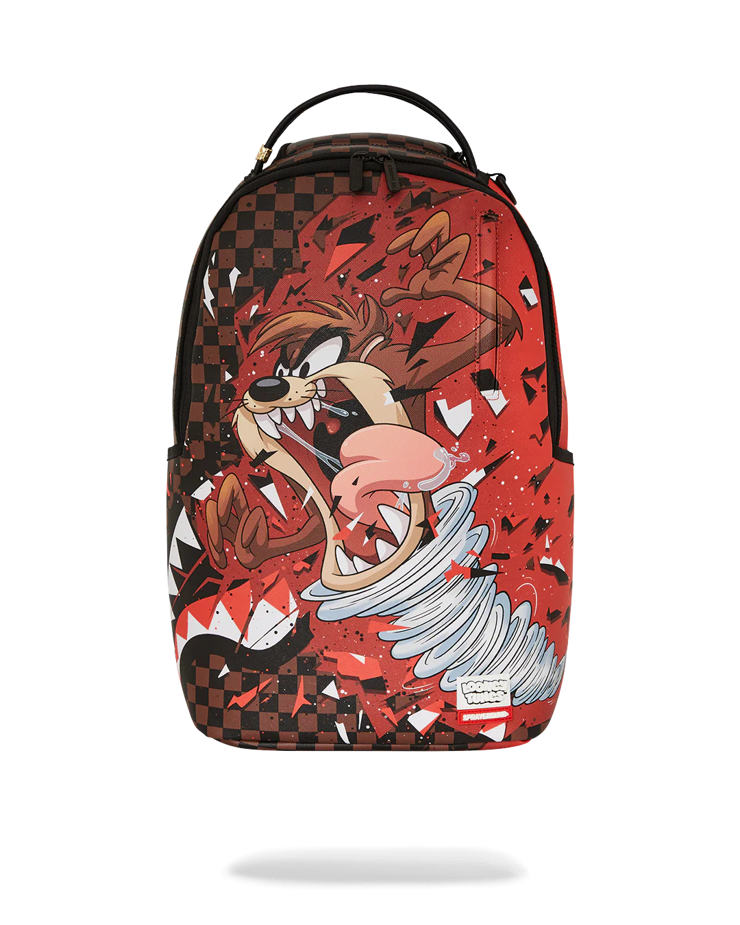 sprayground Backpack with cartoon character Taz design on a checkered background