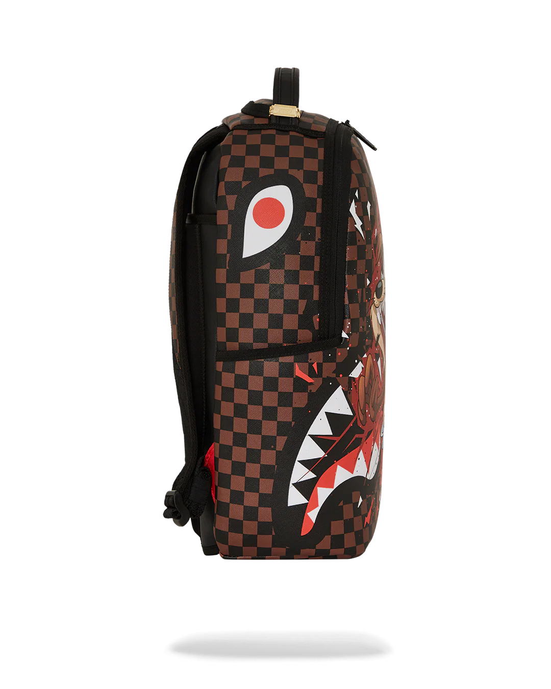 Backpack with checkered pattern and shark design on a white background