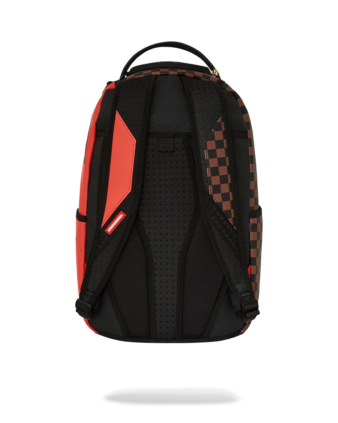 Black backpack with red accents and checkered pattern on a white background