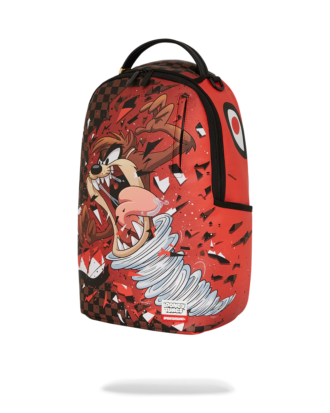 sprayground Backpack with cartoon character Taz design on a checkered background