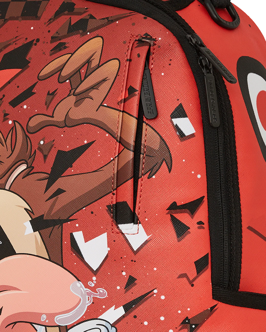 Red backpack with cartoon character design featuring a hand and mouth.