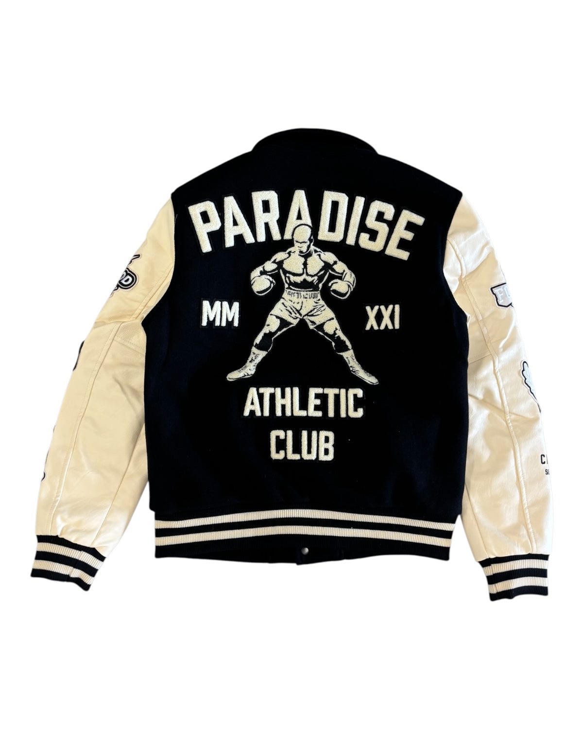 Black and beige varsity jacket with 'Paradise Athletic Club' text and graphic on a white background
