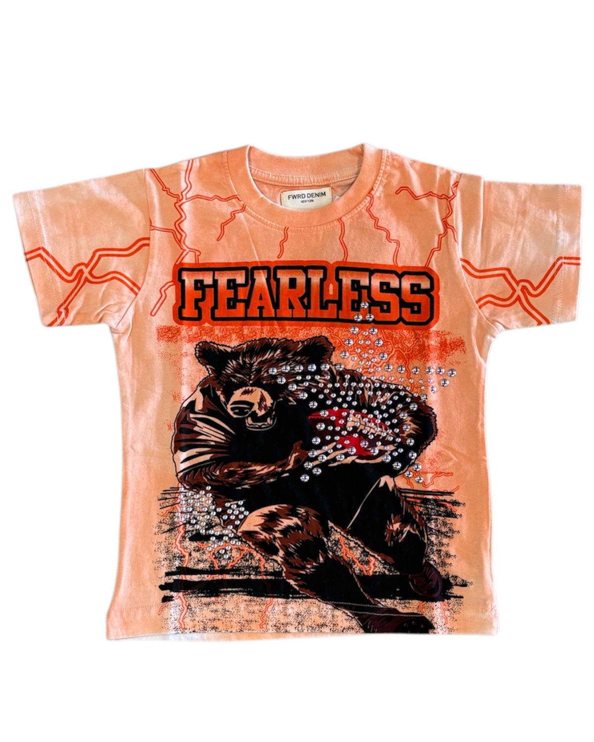T-shirt with a bear graphic and 'FEARLESS' text on an orange background